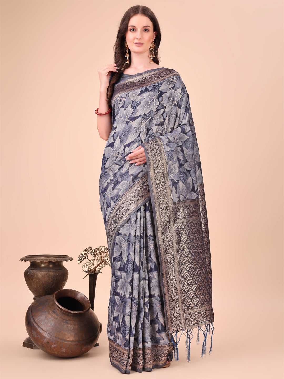 Shree Shyam Fashion Elegant Navy Blue Cotton Silk Saree with Floral Design & Rich Pallu - Festive & Wedding Wear | Grocsy