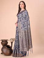 Shree Shyam Fashion Elegant Navy Blue Cotton Silk Saree with Floral Design & Rich Pallu - Festive & Wedding Wear | Grocsy