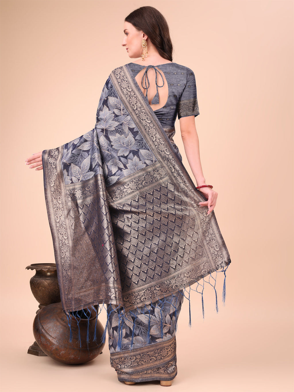 Shree Shyam Fashion Elegant Navy Blue Cotton Silk Saree with Floral Design & Rich Pallu - Festive & Wedding Wear | Grocsy
