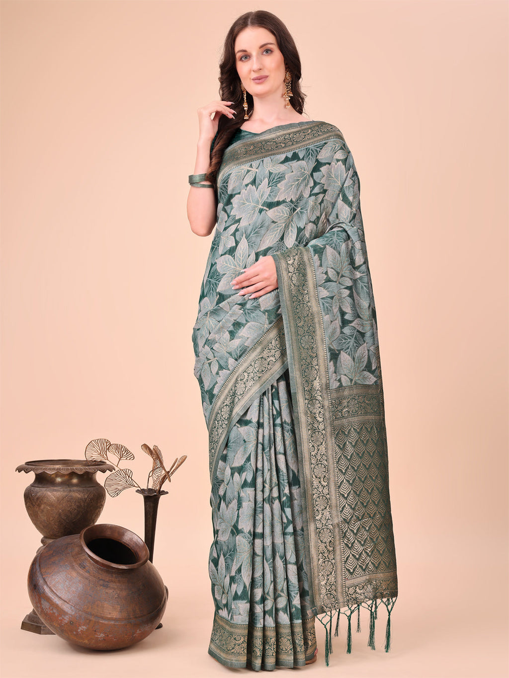 Shree Shyam Fashion Elegant Green Cotton Silk Saree with Floral Design & Rich Pallu - Festive & Wedding Wear | Grocsy