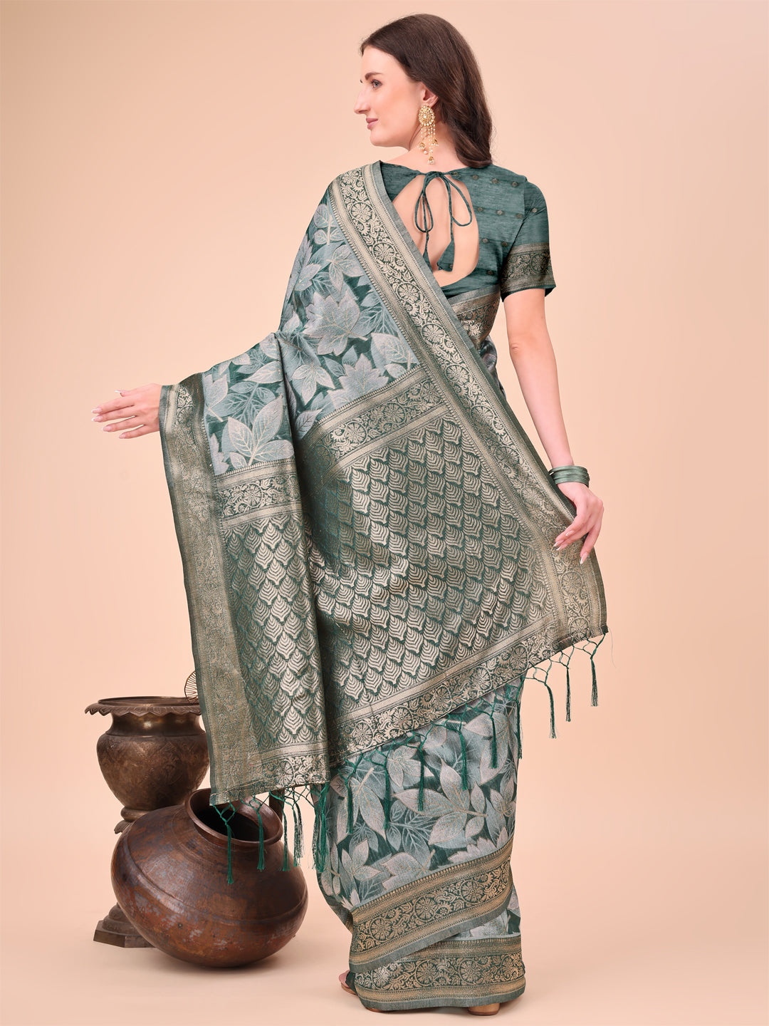 Shree Shyam Fashion Elegant Green Cotton Silk Saree with Floral Design & Rich Pallu - Festive & Wedding Wear | Grocsy