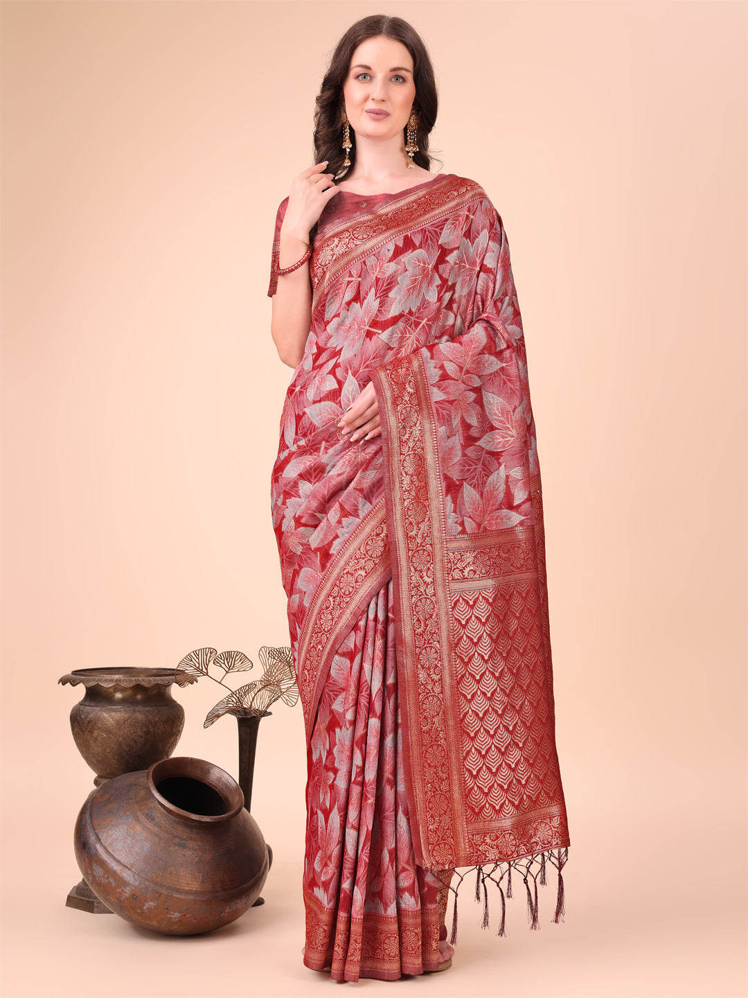 Shree Shyam Fashion Elegant Red Cotton Silk Saree with Floral Design & Rich Pallu - Festive & Wedding Wear | Grocsy