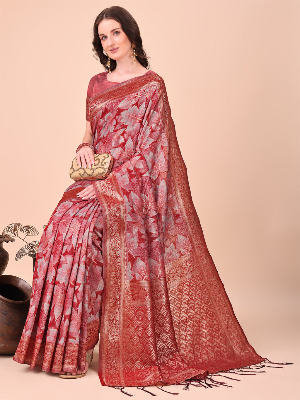 Shree Shyam Fashion Elegant Red Cotton Silk Saree with Floral Design & Rich Pallu - Festive & Wedding Wear | Grocsy
