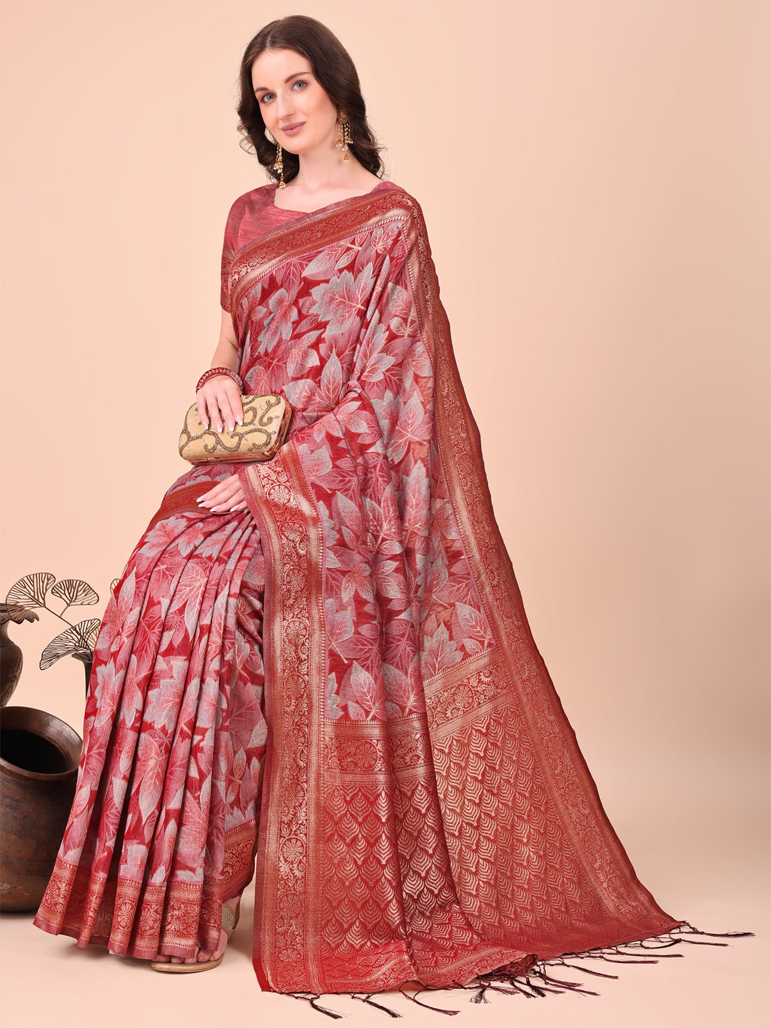 Shree Shyam Fashion Elegant Red Cotton Silk Saree with Floral Design & Rich Pallu - Festive & Wedding Wear | Grocsy
