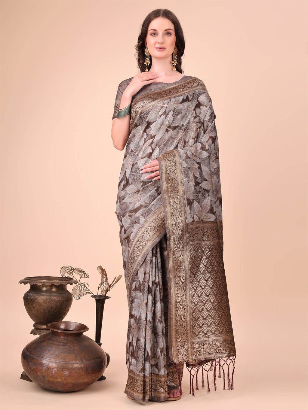 Shree Shyam Fashion Elegant Brown Cotton Silk Saree with Floral Design & Rich Pallu - Festive & Wedding Wear | Grocsy