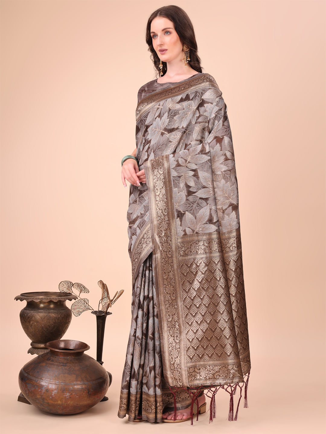 Shree Shyam Fashion Elegant Brown Cotton Silk Saree with Floral Design & Rich Pallu - Festive & Wedding Wear | Grocsy