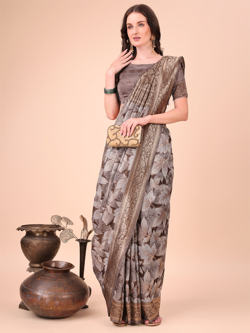 Shree Shyam Fashion Elegant Brown Cotton Silk Saree with Floral Design & Rich Pallu - Festive & Wedding Wear | Grocsy