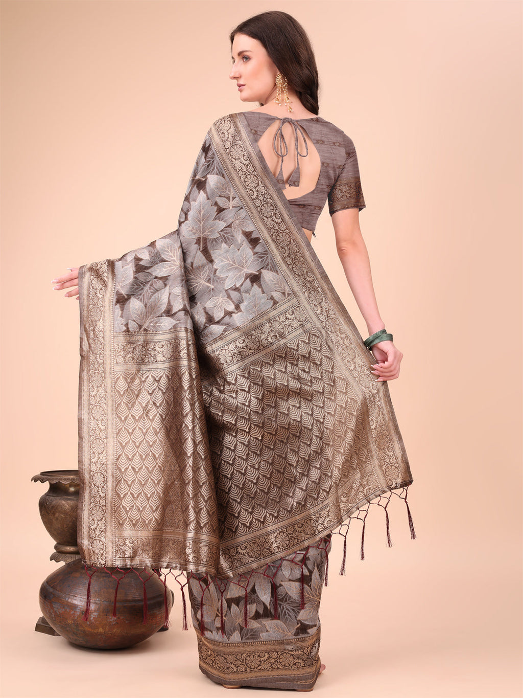 Shree Shyam Fashion Elegant Brown Cotton Silk Saree with Floral Design & Rich Pallu - Festive & Wedding Wear | Grocsy