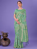 Shree Shyam Fashion Elegant Green Floral Lichi Silk Saree with Zari Weaving and Rich Pallu - Wedding & Festive Wear Saree | Grocsy