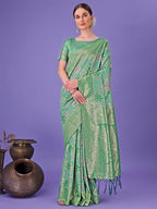 Shree Shyam Fashion Elegant Green Floral Lichi Silk Saree with Zari Weaving and Rich Pallu - Wedding & Festive Wear Saree | Grocsy