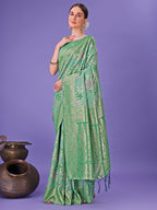 Shree Shyam Fashion Elegant Green Floral Lichi Silk Saree with Zari Weaving and Rich Pallu - Wedding & Festive Wear Saree | Grocsy