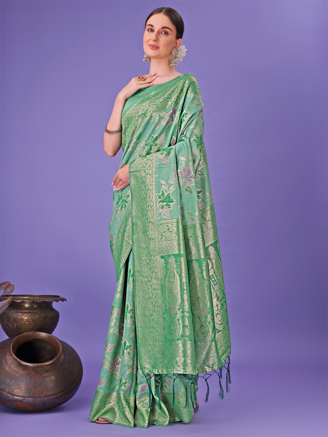 Shree Shyam Fashion Elegant Green Floral Lichi Silk Saree with Zari Weaving and Rich Pallu - Wedding & Festive Wear Saree | Grocsy