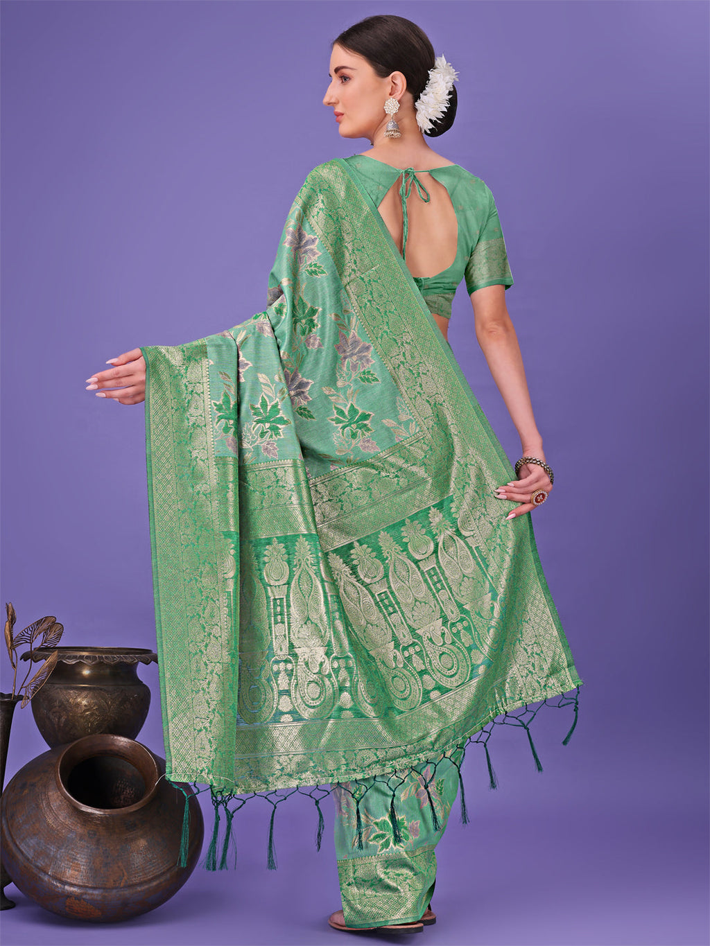Shree Shyam Fashion Elegant Green Floral Lichi Silk Saree with Zari Weaving and Rich Pallu - Wedding & Festive Wear Saree | Grocsy