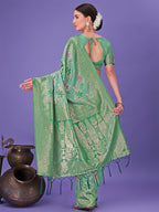 Shree Shyam Fashion Elegant Green Floral Lichi Silk Saree with Zari Weaving and Rich Pallu - Wedding & Festive Wear Saree | Grocsy