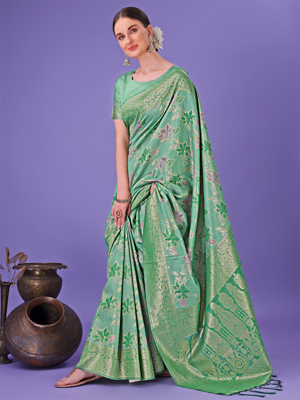 Shree Shyam Fashion Elegant Green Floral Lichi Silk Saree with Zari Weaving and Rich Pallu - Wedding & Festive Wear Saree | Grocsy