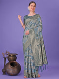 Shree Shyam Fashion Elegant Teal Floral Lichi Silk Saree with Zari Weaving and Rich Pallu - Wedding & Festive Wear Saree | Grocsy