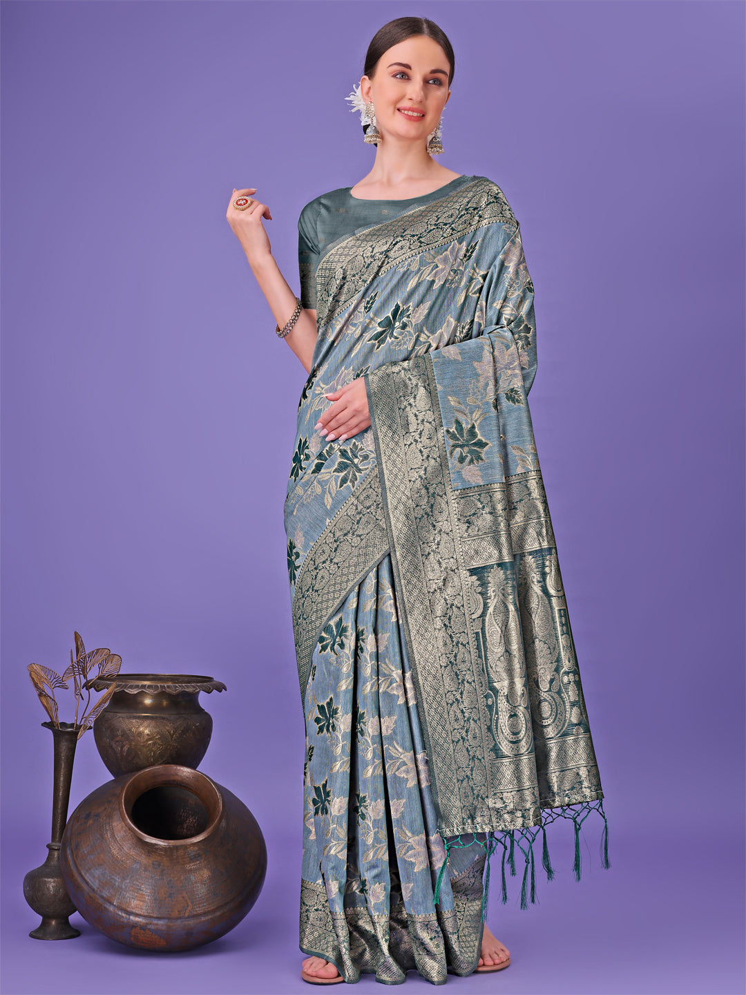 Shree Shyam Fashion Elegant Teal Floral Lichi Silk Saree with Zari Weaving and Rich Pallu - Wedding & Festive Wear Saree | Grocsy
