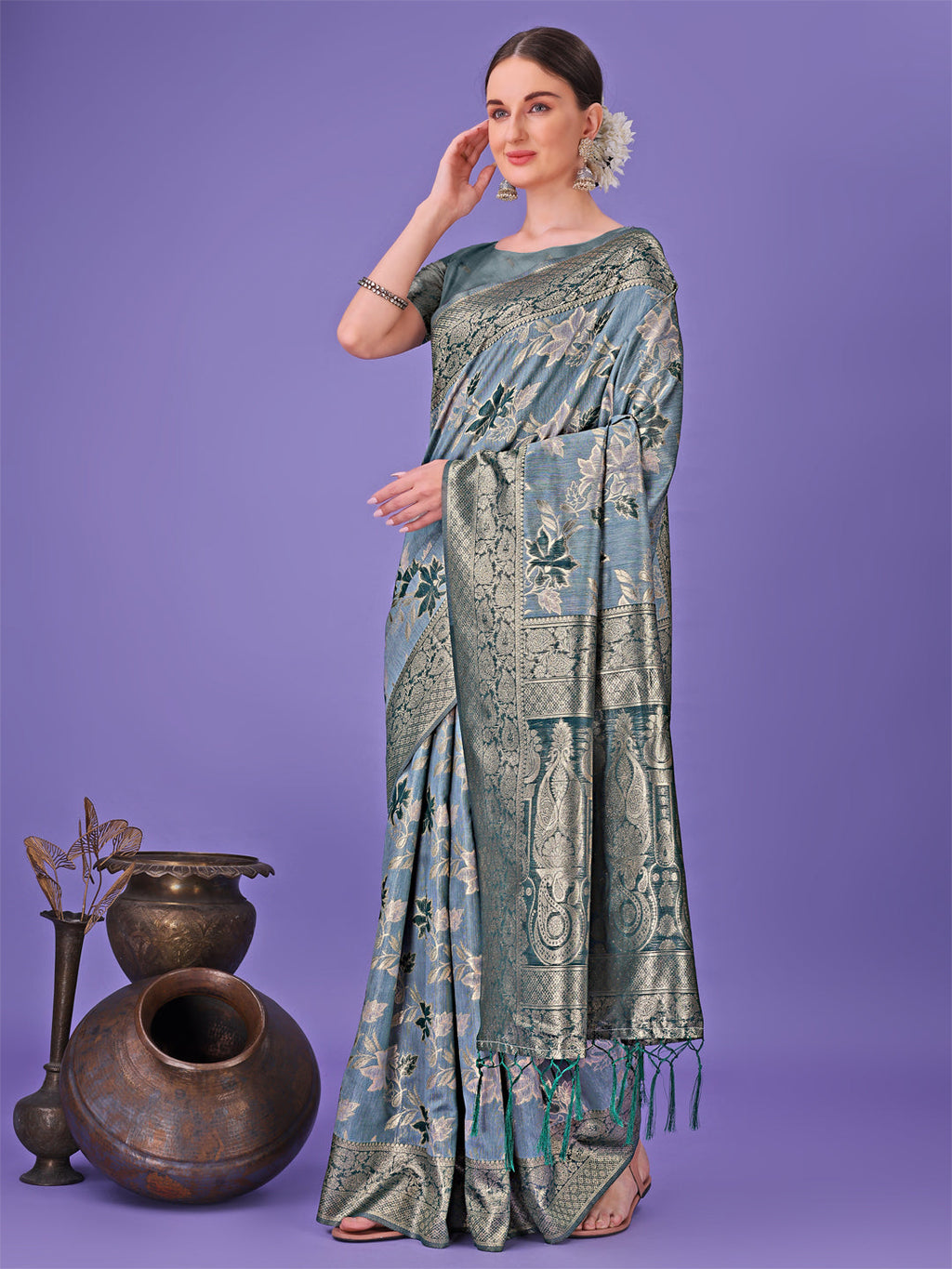 Shree Shyam Fashion Elegant Teal Floral Lichi Silk Saree with Zari Weaving and Rich Pallu - Wedding & Festive Wear Saree | Grocsy