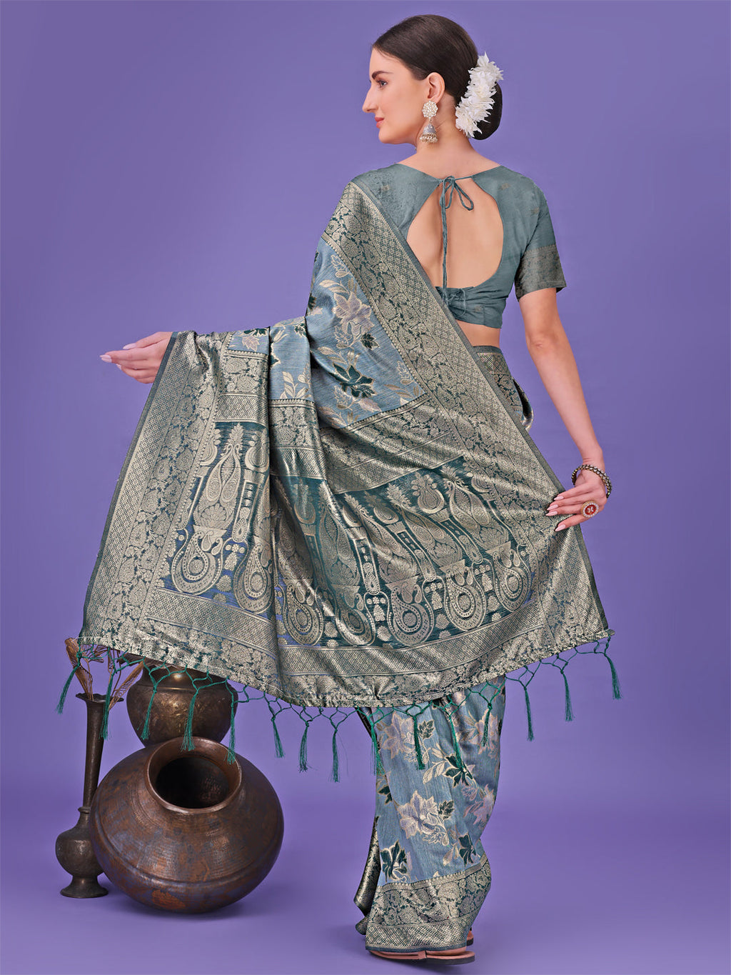 Shree Shyam Fashion Elegant Teal Floral Lichi Silk Saree with Zari Weaving and Rich Pallu - Wedding & Festive Wear Saree | Grocsy