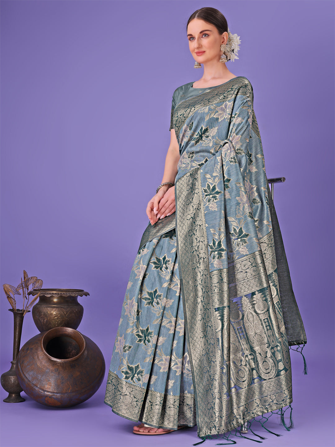 Shree Shyam Fashion Elegant Teal Floral Lichi Silk Saree with Zari Weaving and Rich Pallu - Wedding & Festive Wear Saree | Grocsy