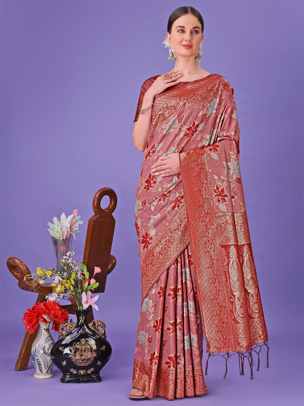 Shree Shyam Fashion Elegant Red Floral Lichi Silk Saree with Zari Weaving and Rich Pallu - Wedding & Festive Wear Saree | Grocsy