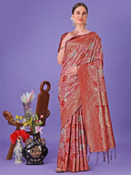 Shree Shyam Fashion Elegant Red Floral Lichi Silk Saree with Zari Weaving and Rich Pallu - Wedding & Festive Wear Saree | Grocsy