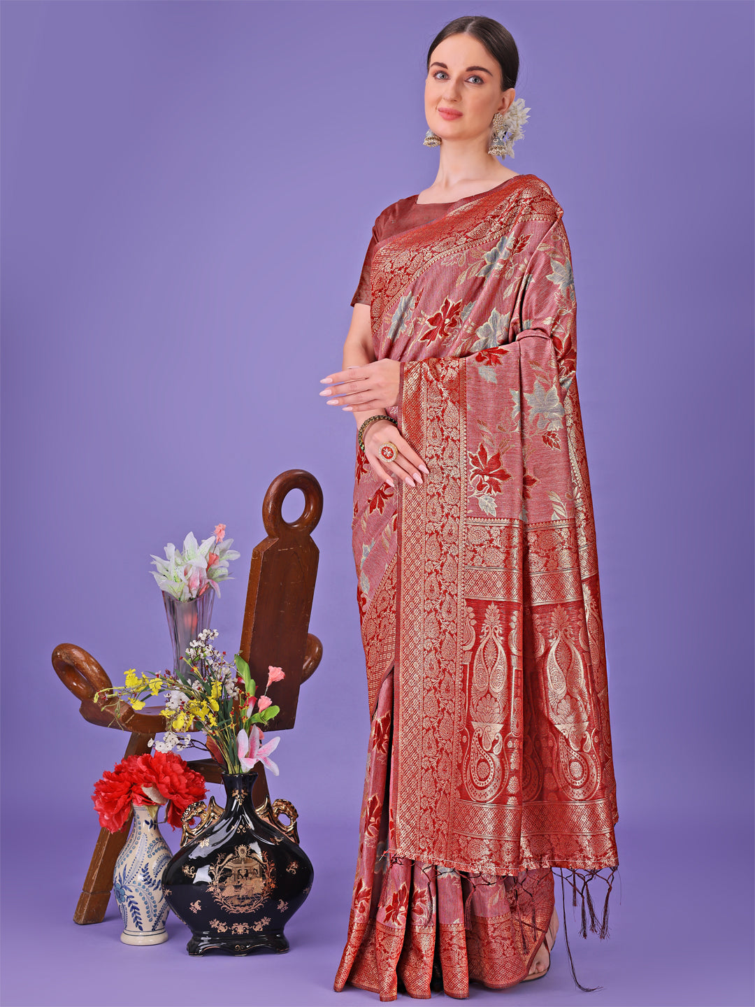 Shree Shyam Fashion Elegant Red Floral Lichi Silk Saree with Zari Weaving and Rich Pallu - Wedding & Festive Wear Saree | Grocsy