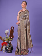 Shree Shyam Fashion Elegant Grey Floral Lichi Silk Saree with Zari Weaving and Rich Pallu - Wedding & Festive Wear Saree | Grocsy