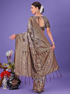 Shree Shyam Fashion Elegant Grey Floral Lichi Silk Saree with Zari Weaving and Rich Pallu - Wedding & Festive Wear Saree | Grocsy