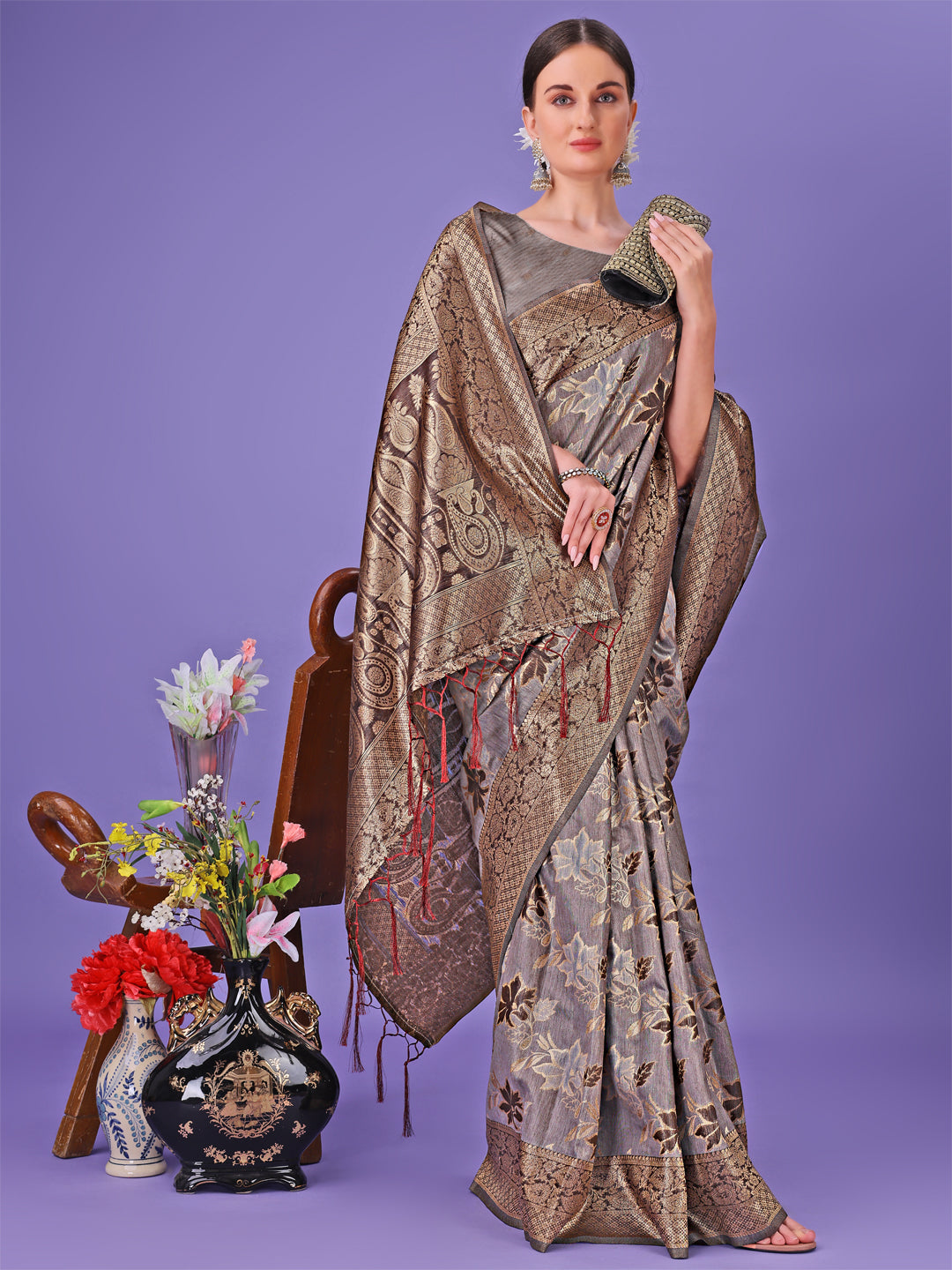 Shree Shyam Fashion Elegant Grey Floral Lichi Silk Saree with Zari Weaving and Rich Pallu - Wedding & Festive Wear Saree | Grocsy