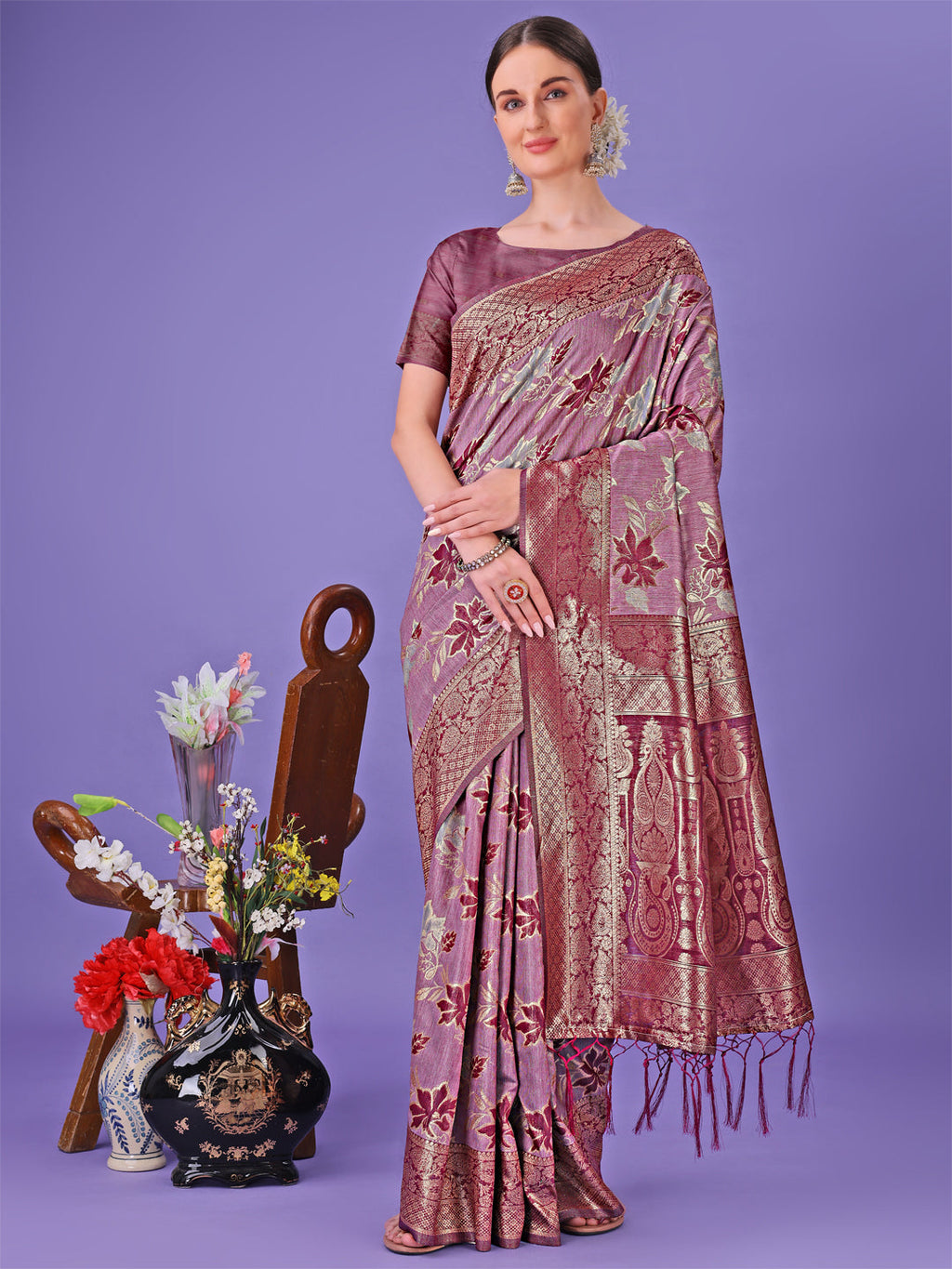 Shree Shyam Fashion Elegant Purple Floral Lichi Silk Saree with Zari Weaving and Rich Pallu - Wedding & Festive Wear Saree | Grocsy