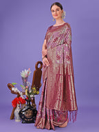 Shree Shyam Fashion Elegant Purple Floral Lichi Silk Saree with Zari Weaving and Rich Pallu - Wedding & Festive Wear Saree | Grocsy