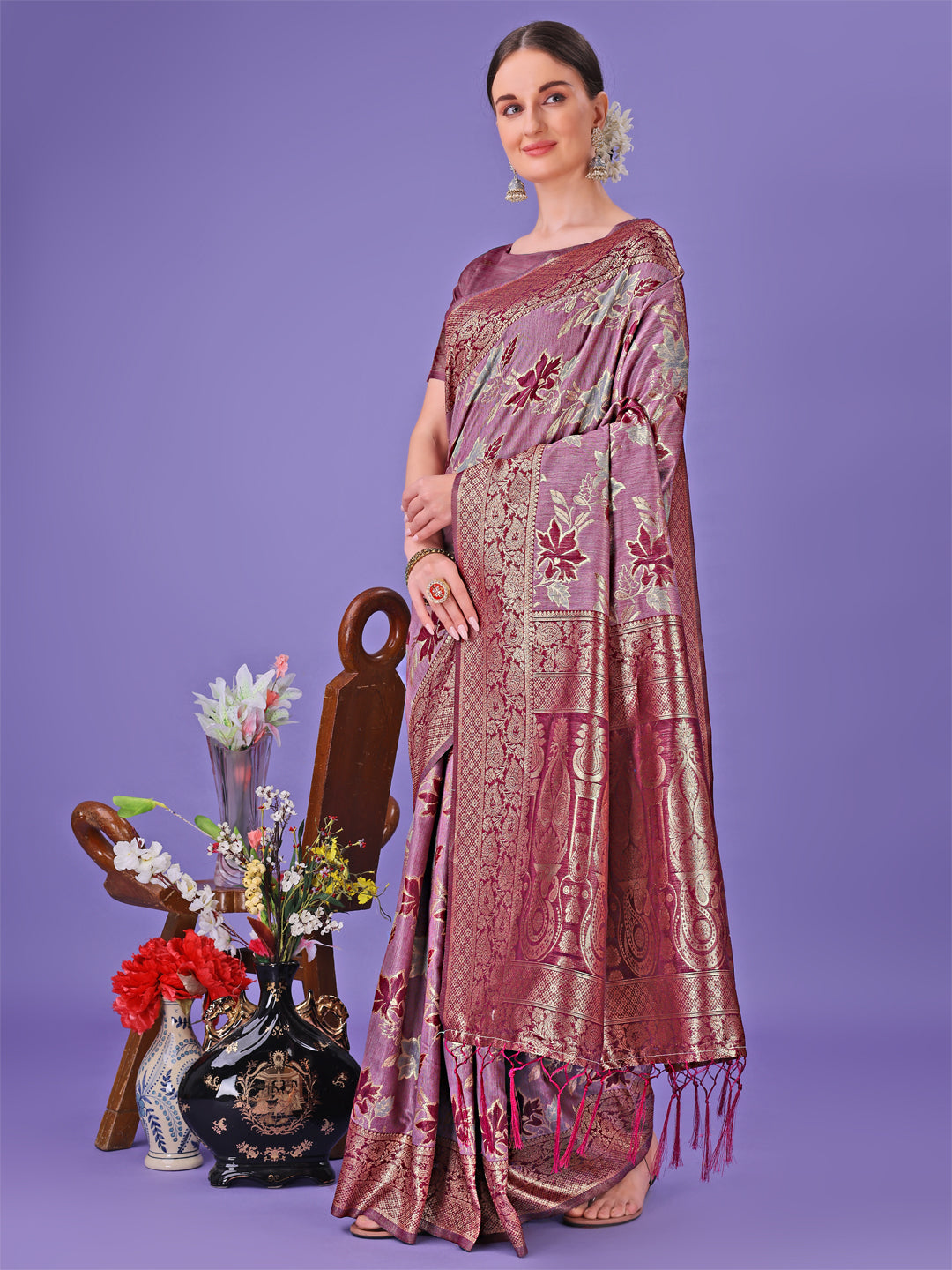 Shree Shyam Fashion Elegant Purple Floral Lichi Silk Saree with Zari Weaving and Rich Pallu - Wedding & Festive Wear Saree | Grocsy