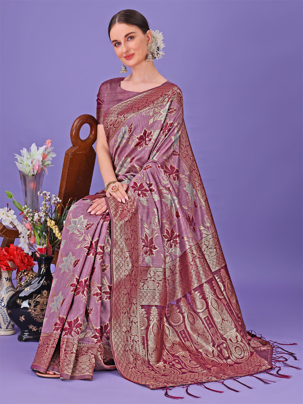 Shree Shyam Fashion Elegant Purple Floral Lichi Silk Saree with Zari Weaving and Rich Pallu - Wedding & Festive Wear Saree | Grocsy