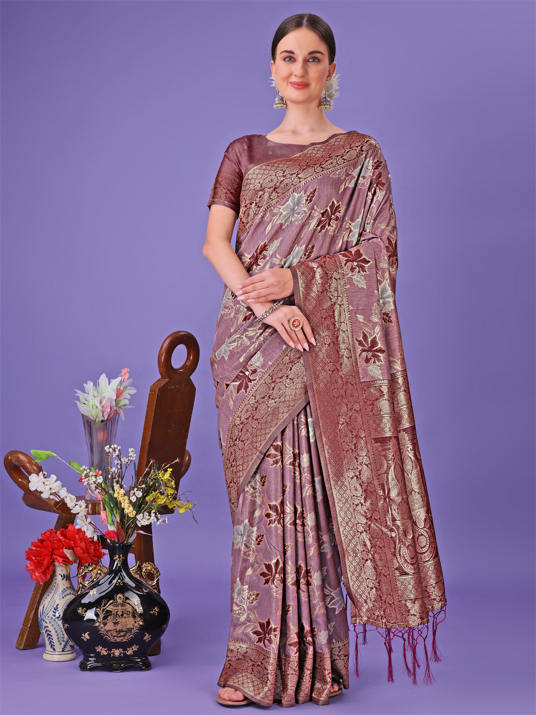 Shree Shyam Fashion Elegant Maroon Floral Lichi Silk Saree with Zari Weaving and Rich Pallu - Wedding & Festive Wear Saree | Grocsy