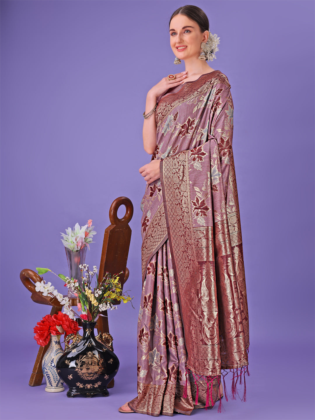 Shree Shyam Fashion Elegant Maroon Floral Lichi Silk Saree with Zari Weaving and Rich Pallu - Wedding & Festive Wear Saree | Grocsy
