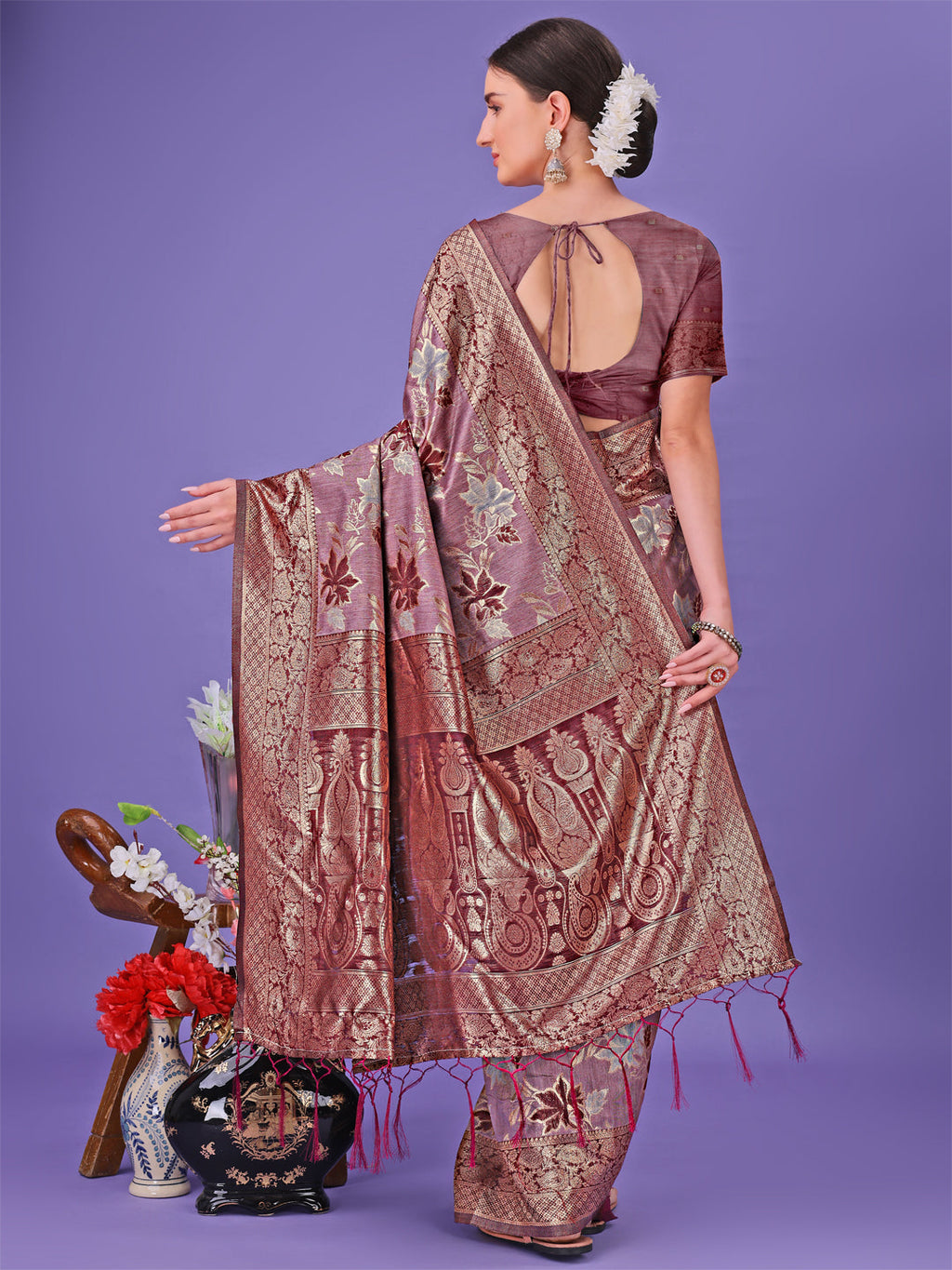 Shree Shyam Fashion Elegant Maroon Floral Lichi Silk Saree with Zari Weaving and Rich Pallu - Wedding & Festive Wear Saree | Grocsy