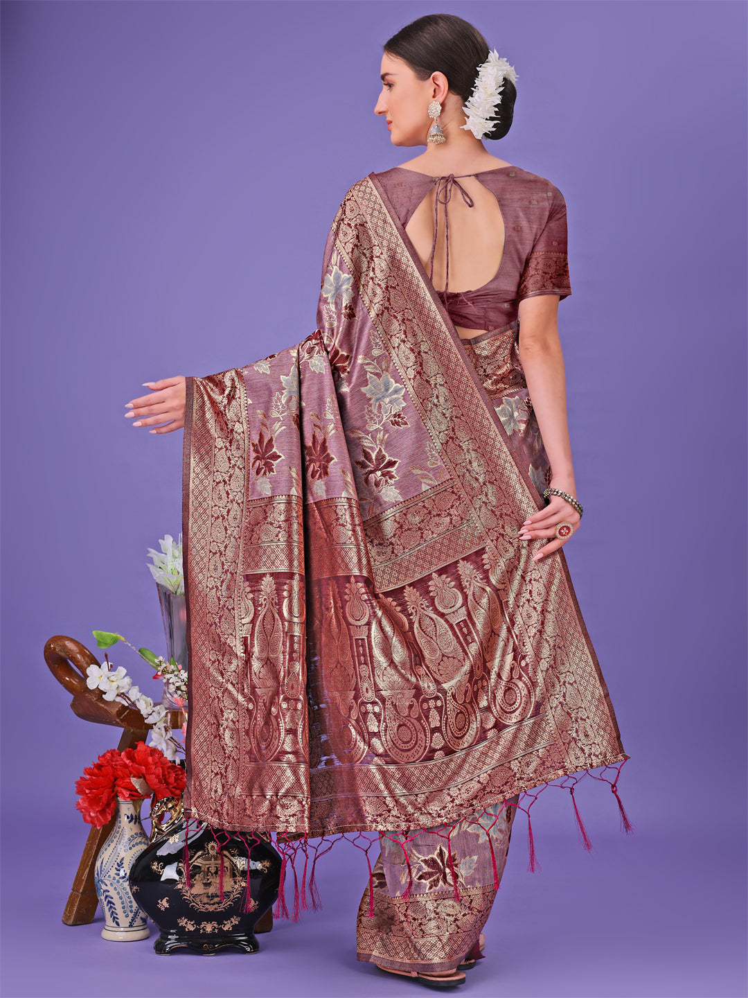 Shree Shyam Fashion Elegant Maroon Floral Lichi Silk Saree with Zari Weaving and Rich Pallu - Wedding & Festive Wear Saree | Grocsy