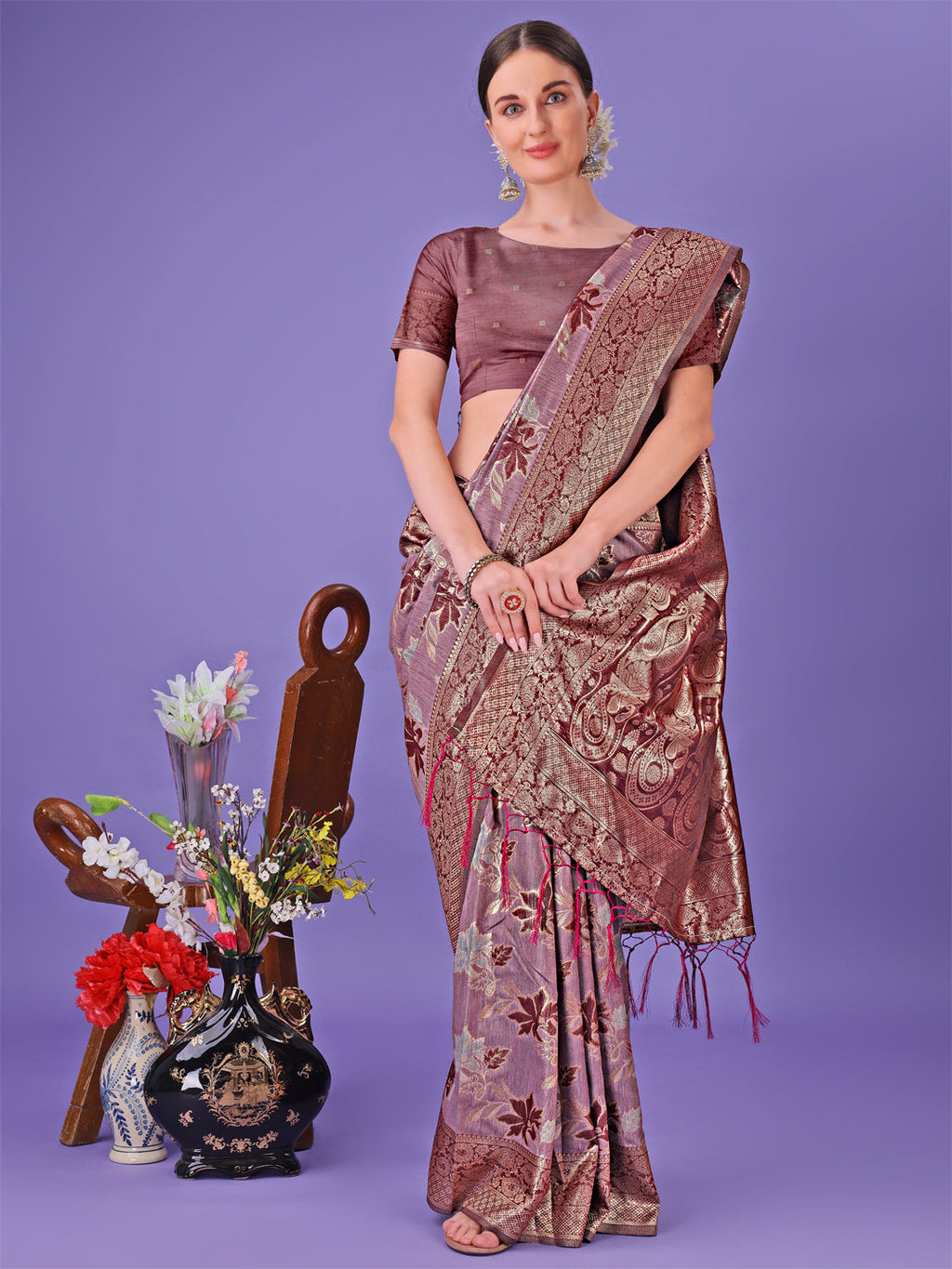 Shree Shyam Fashion Elegant Maroon Floral Lichi Silk Saree with Zari Weaving and Rich Pallu - Wedding & Festive Wear Saree | Grocsy