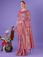 Shree Shyam Fashion Elegant Pink Floral Lichi Silk Saree with Zari Weaving and Rich Pallu - Wedding & Festive Wear Saree | Grocsy