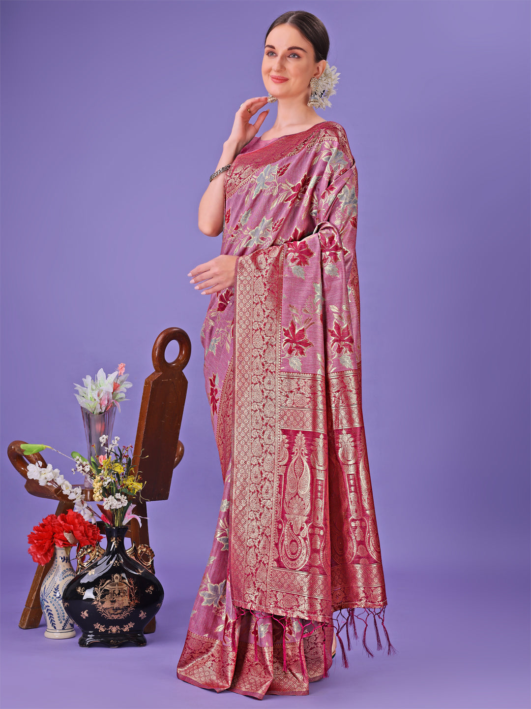 Shree Shyam Fashion Elegant Pink Floral Lichi Silk Saree with Zari Weaving and Rich Pallu - Wedding & Festive Wear Saree | Grocsy