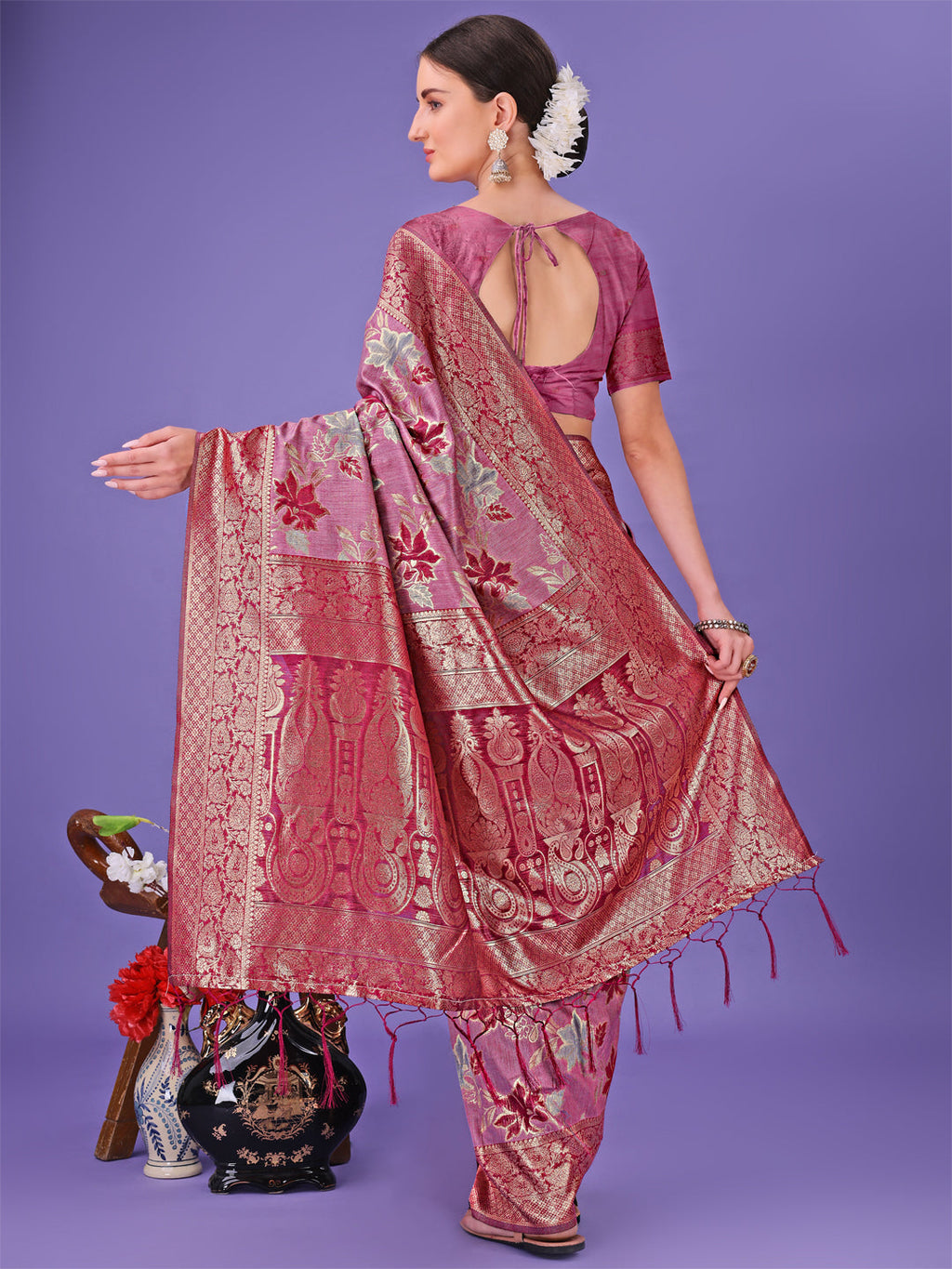 Shree Shyam Fashion Elegant Pink Floral Lichi Silk Saree with Zari Weaving and Rich Pallu - Wedding & Festive Wear Saree | Grocsy