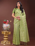 Shree Shyam Fashion Elegant Light Green Linen Saree with Silver Zari Butta & Pallu - Daily Wear | Festive Look | Soft Feel | Grocsy