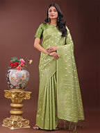 Shree Shyam Fashion Elegant Light Green Linen Saree with Silver Zari Butta & Pallu - Daily Wear | Festive Look | Soft Feel | Grocsy