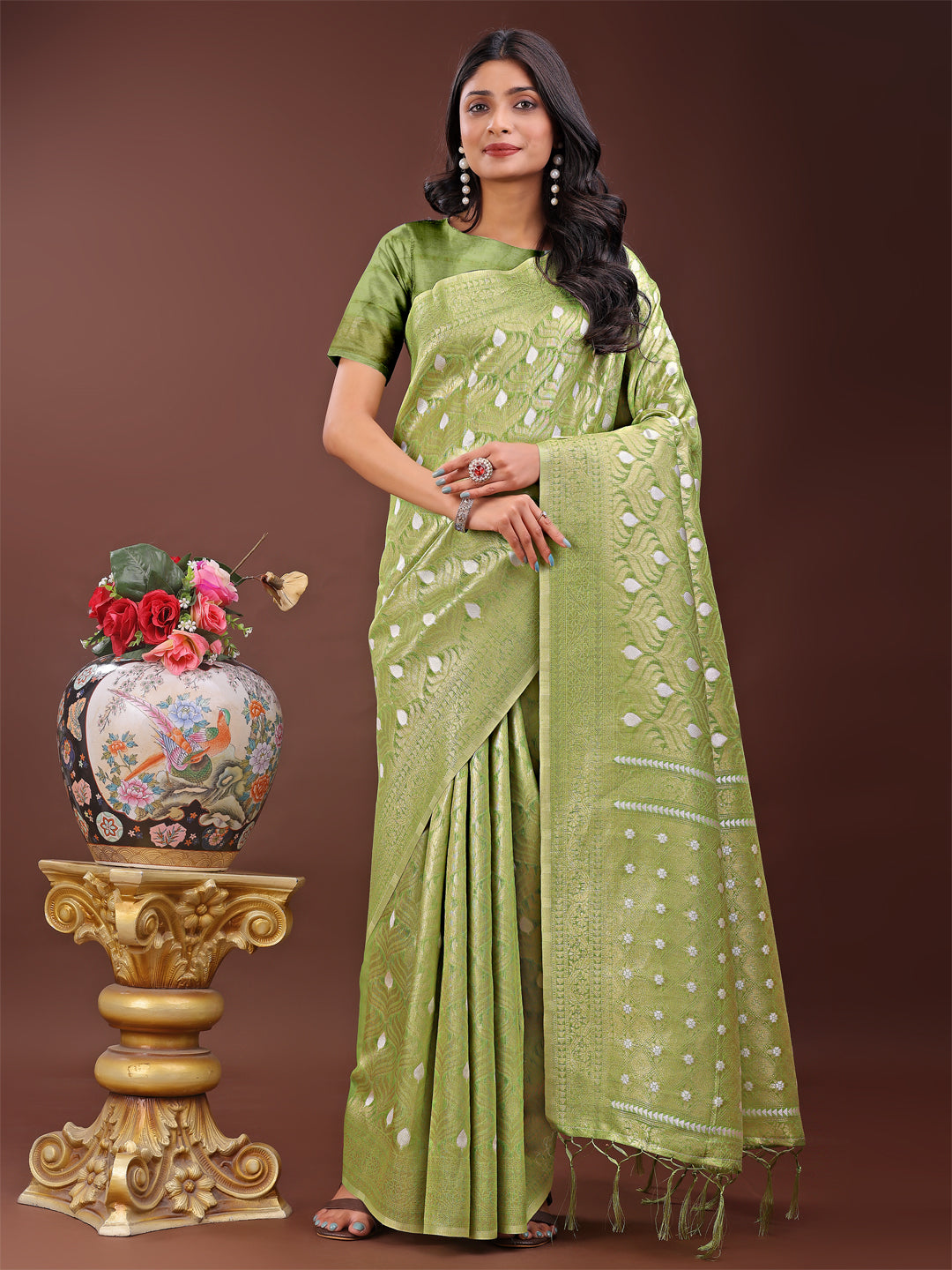 Shree Shyam Fashion Elegant Light Green Linen Saree with Silver Zari Butta & Pallu - Daily Wear | Festive Look | Soft Feel | Grocsy
