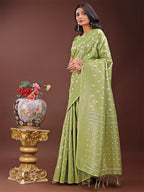 Shree Shyam Fashion Elegant Light Green Linen Saree with Silver Zari Butta & Pallu - Daily Wear | Festive Look | Soft Feel | Grocsy