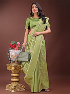 Shree Shyam Fashion Elegant Light Green Linen Saree with Silver Zari Butta & Pallu - Daily Wear | Festive Look | Soft Feel | Grocsy