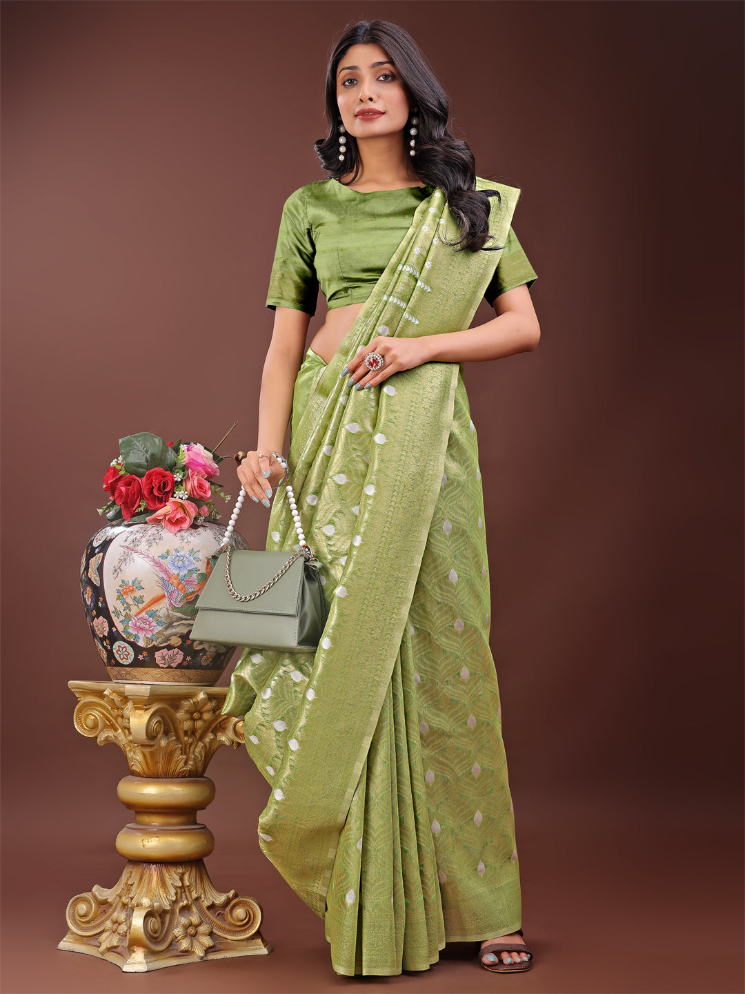 Shree Shyam Fashion Elegant Light Green Linen Saree with Silver Zari Butta & Pallu - Daily Wear | Festive Look | Soft Feel | Grocsy