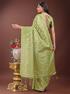 Shree Shyam Fashion Elegant Light Green Linen Saree with Silver Zari Butta & Pallu - Daily Wear | Festive Look | Soft Feel | Grocsy