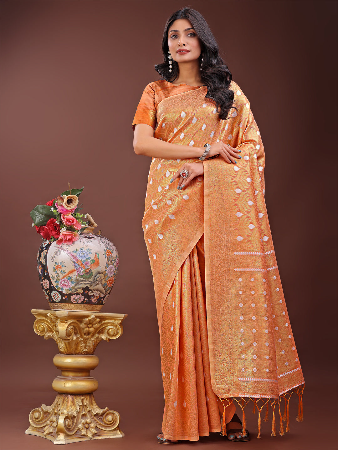 Shree Shyam Fashion Elegant Peach Linen Saree with Silver Zari Butta & Pallu - Daily Wear | Festive Look | Soft Feel | Grocsy